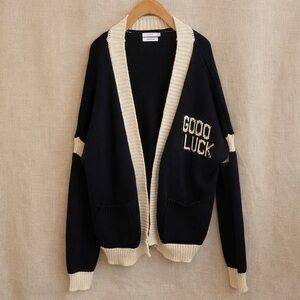 MR. SATURDAY Cardigan Knit Open Front GOOD LUCK Graphic Black Cream
